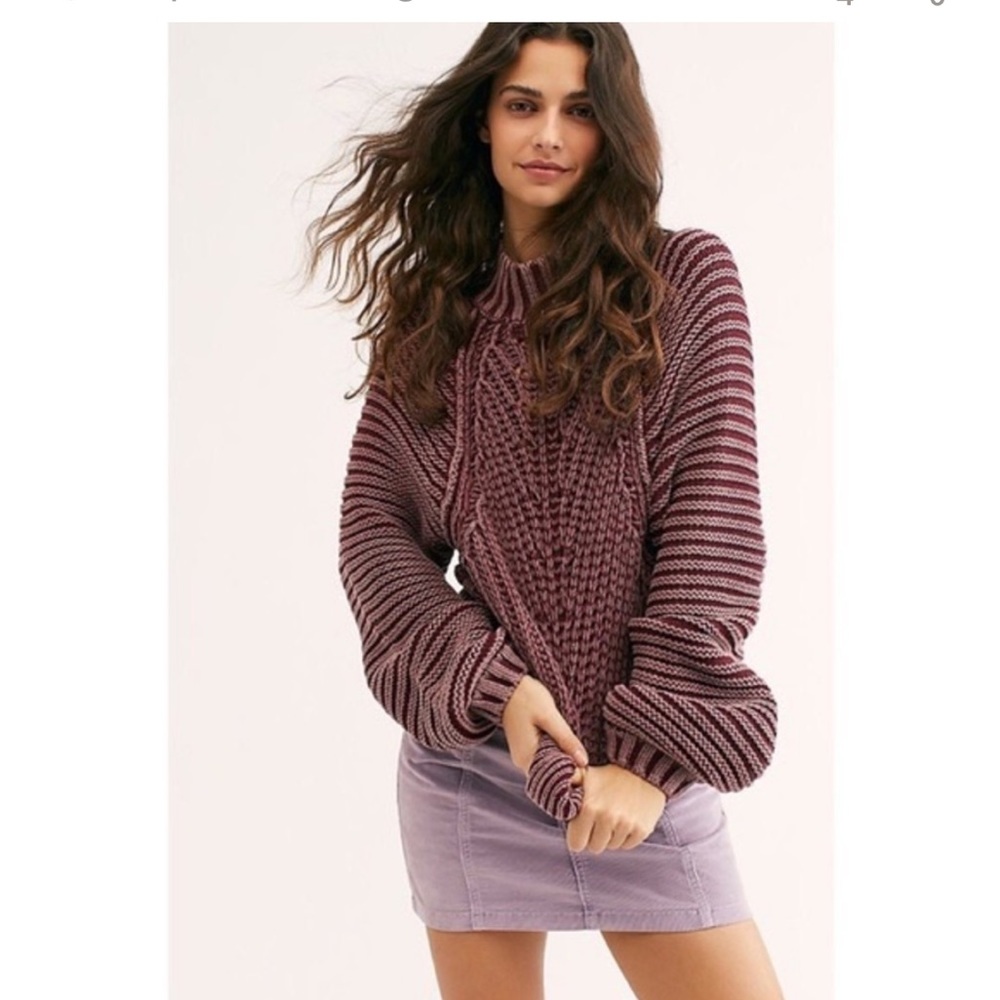 FREE PEOPLE Plaited Maroon Burgundy Sweetheart Sweater Cropped Balloon Sleeve